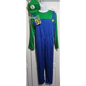 Luigi Costume Adult Super Mario Jumpsuit Hat Mustache Green Plumber Halloween
